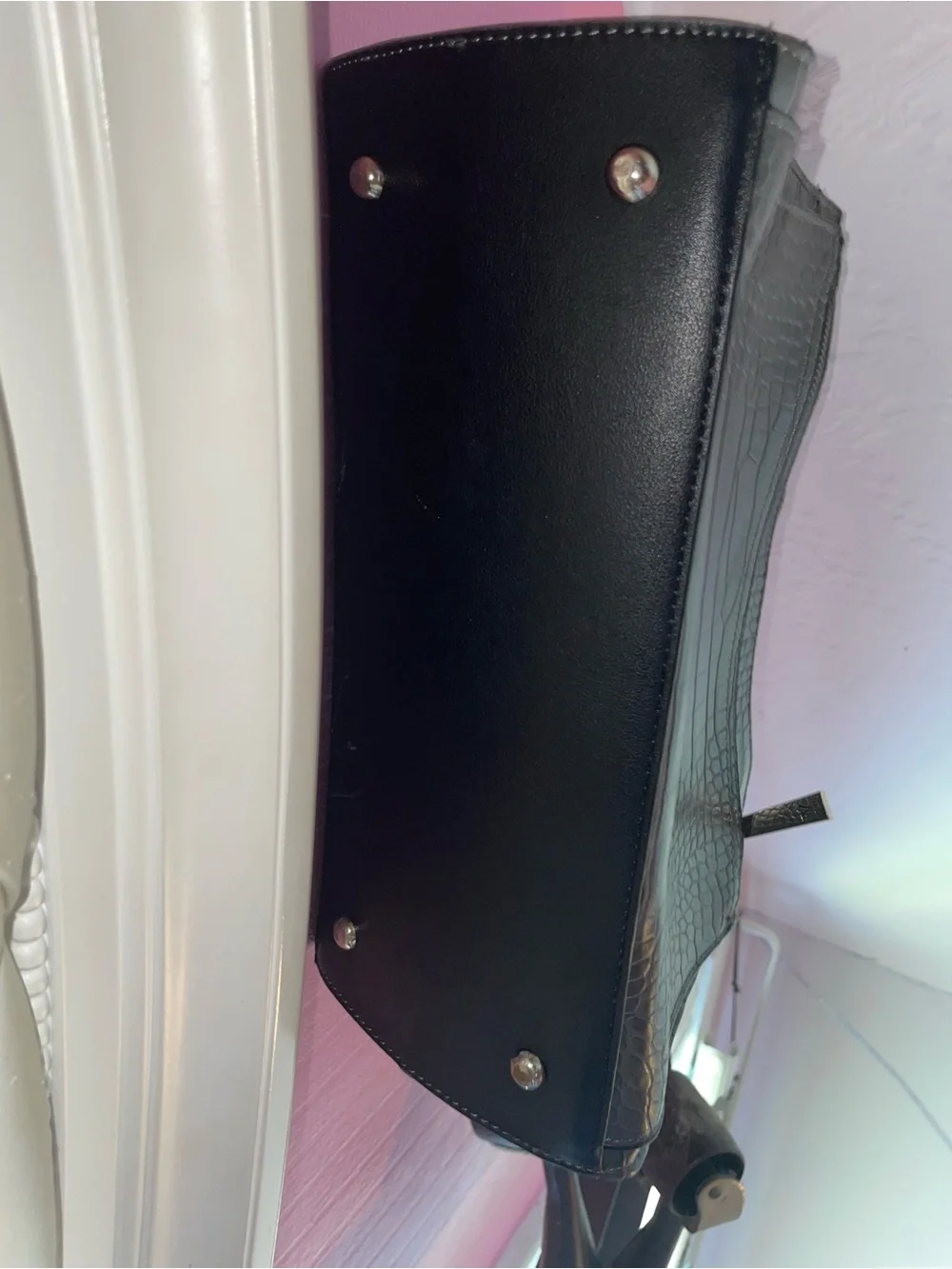 Versace Croc-Embossed Satchel in Dark Brown with Gold Hardware
